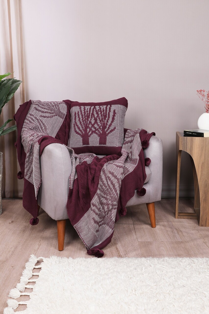 Set patura si perna Single Tricot 130x170 cm, 45x45 cm, L'essentiel Maison, Ponpon Tree, Rosu claret - imagine 4